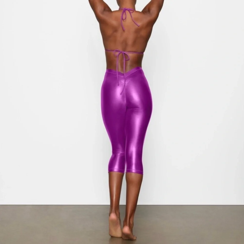 Skims Metallic Swim V Waist Ruched Capri Pants Dragonfruit Pink Purple NWT